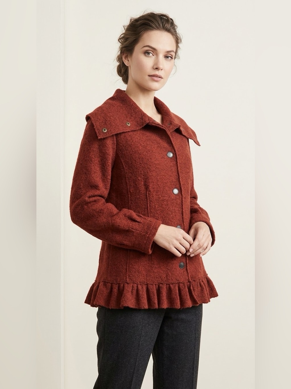 JOSEPH A. Wool Ruffle Hem Jacket coat - Rust red size medium